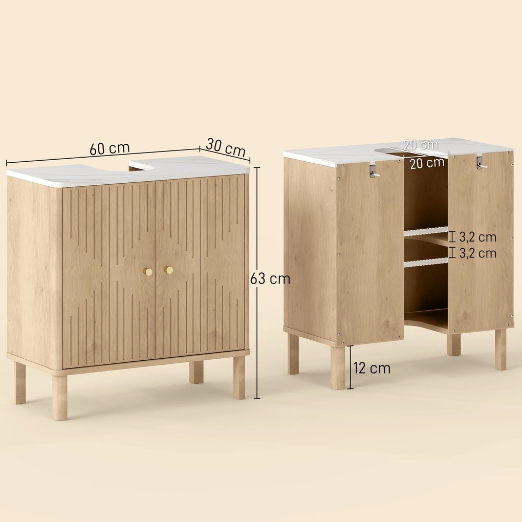 Móvel de casa de banho 60 x 30 x 63 cm para lavatório (NÃO INCLUIDO), com prateleira ajustável e bancada com efeito de mármore, , em cor carvalho