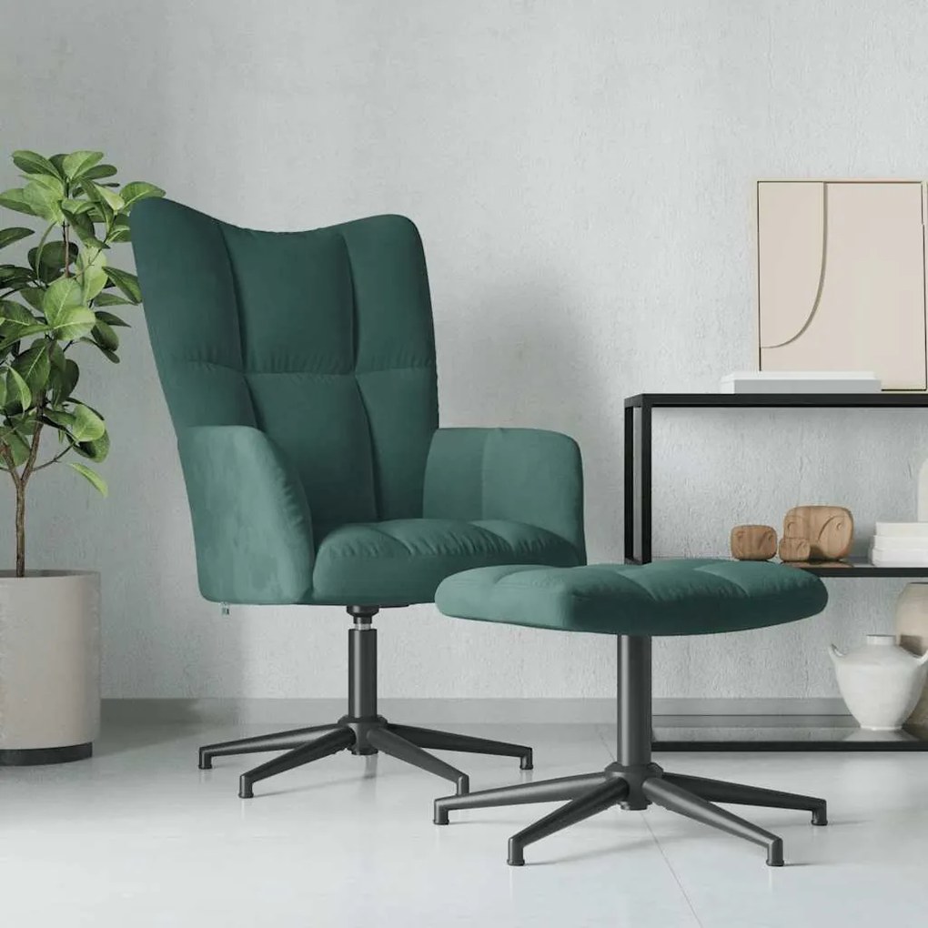 vidaXL Cadeira de descanso com banco veludo verde-escuro