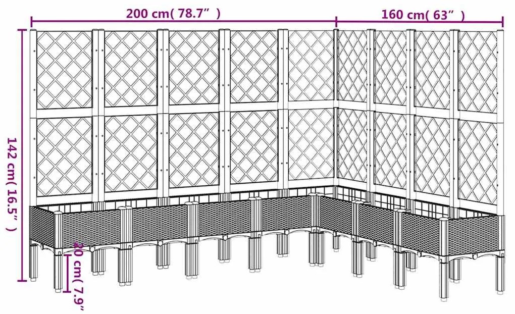 Vaso/floreira de jardim c/ treliça 200x160x142 cm PP cinzento azul