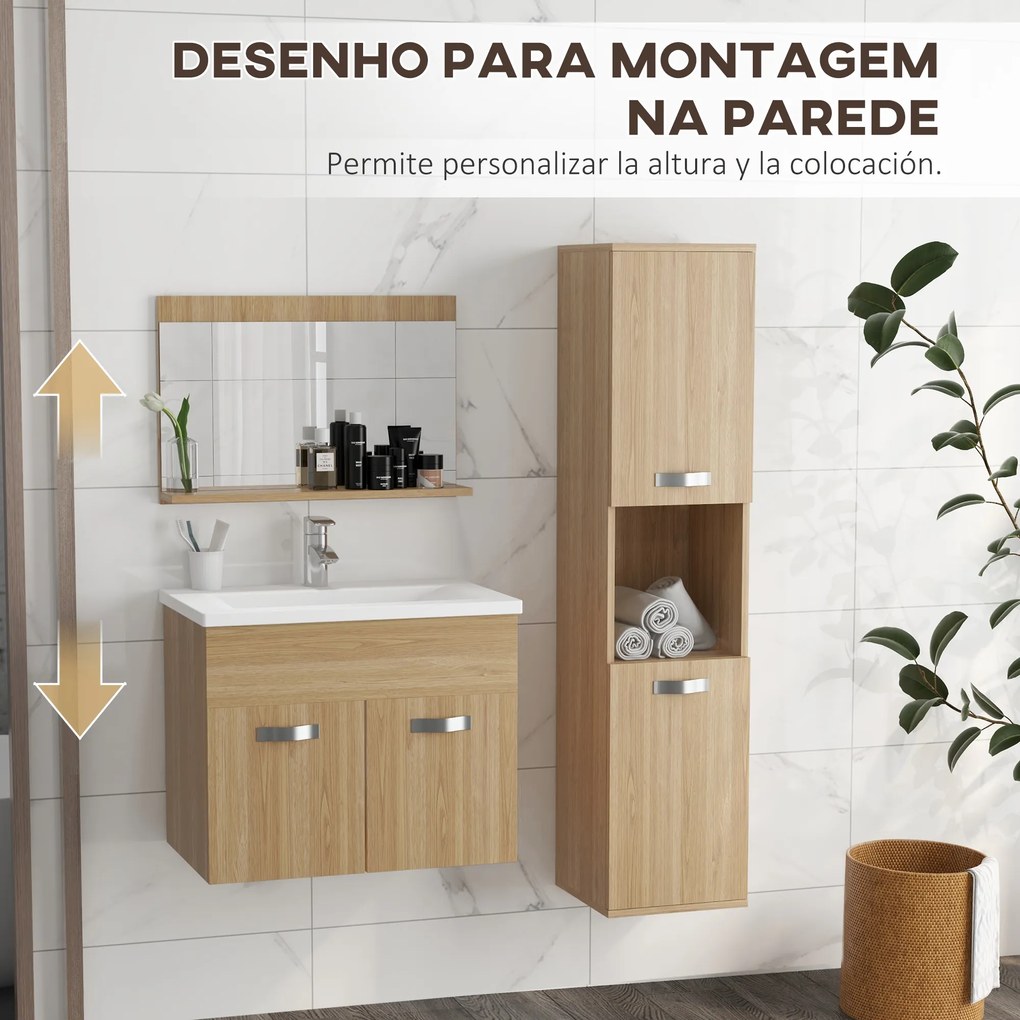 Conjunto de Móveis Casa de Banho 3 Peças com Espelho Móvel com Lavatório Cerâmico e Coluna de Casa de Banho Madeira