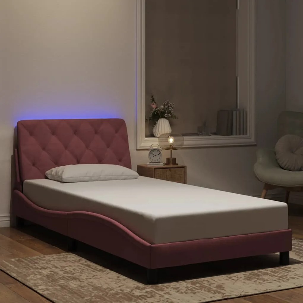 Estrutura de cama c/ luzes LED 100x200 cm veludo rosa