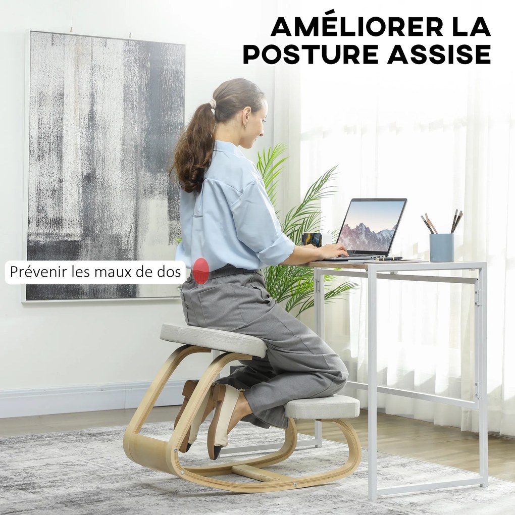 Cadeira de joelhos, cadeira ergonómica de madeira com base oscilante, cadeira de joelhos para escritório em casa, creme