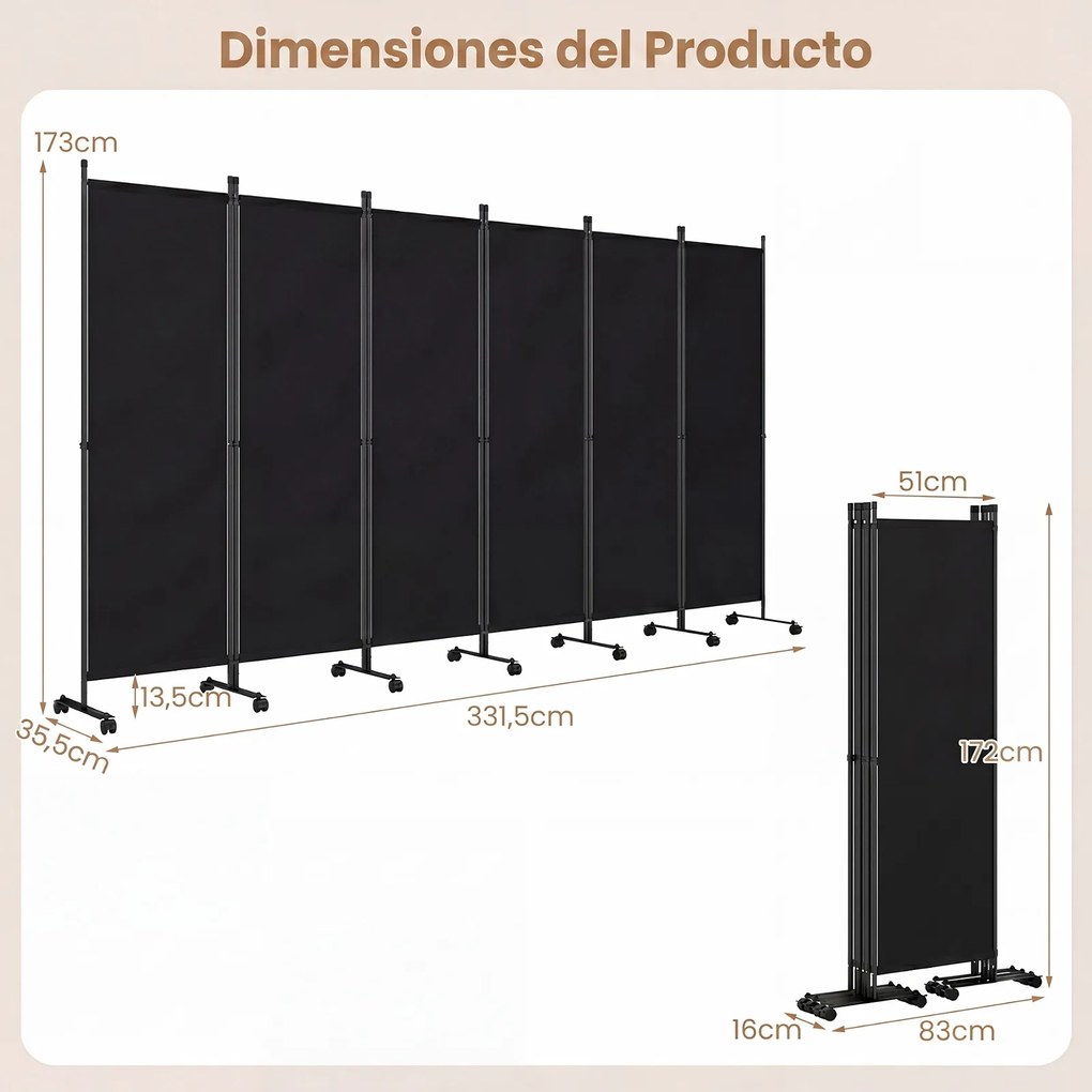 Biombo  Separador de Espaço Dobrável de 6 Painéis, 331,5 x 35,5 x 173 cm, Rodas com Travão, Preto