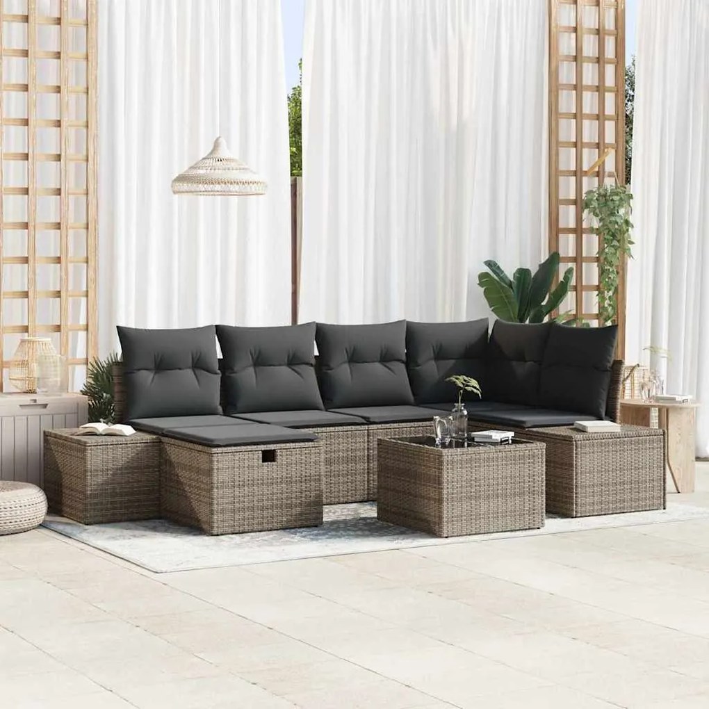 vidaXL Conjunto de Sofá de Jardim de 7 Peças com Almofadas em Rattan Cinza