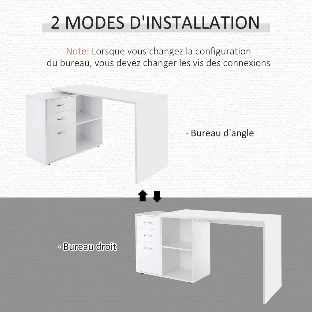 Secretária de canto, secretária reta modular, mesa de jantar 2 em 1, secretária para computador, 3 gavetas + 2 compartimentos abertos