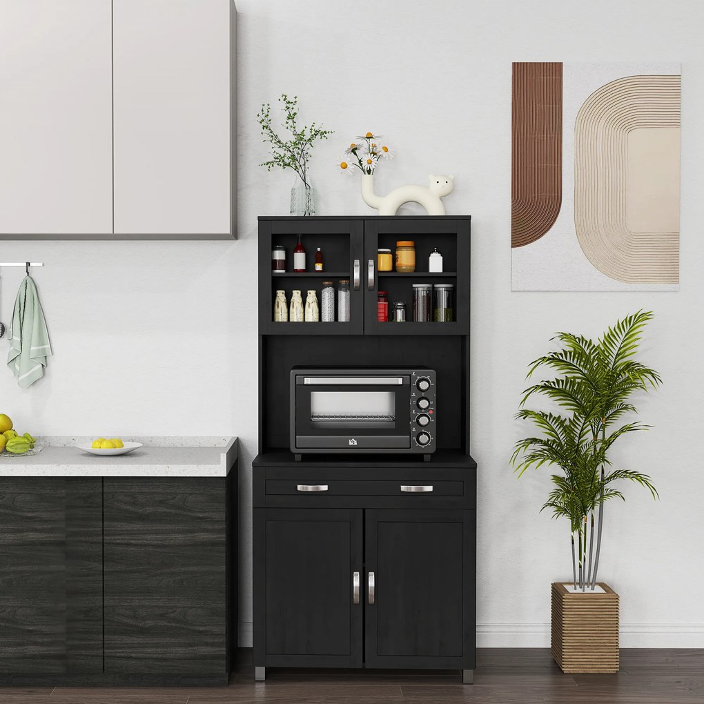 Armário de cozinha 80 x 48 x 170 cm, com 4 portas, gaveta, bancada, prateleiras ajustáveis, preto