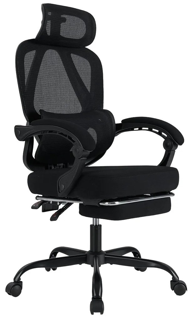 Cadeira de escritório ergonómica com apoio para os pés retrátil, cadeira de escritório com encosto ajustável Preta