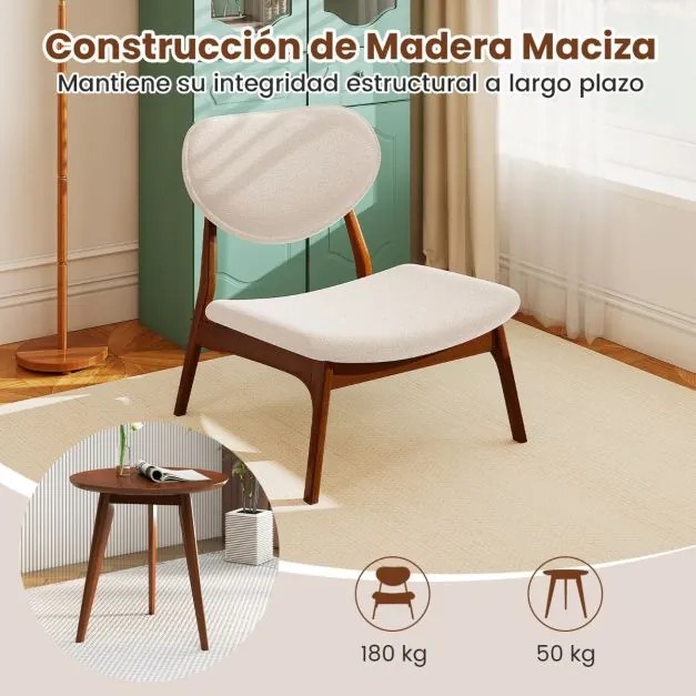 Conjunto de 2 cadeiras baixas decorativas com mesa auxiliar estofadas em veludo de carneiro com estrutura em madeira maciça bege