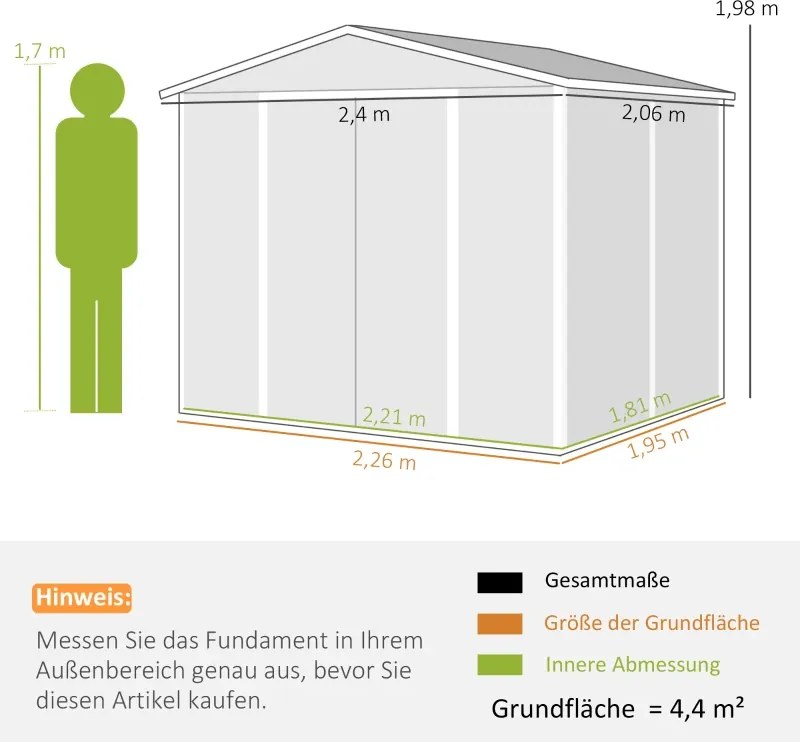 Abrigo de Jardim 4,4 m² 240x206x198 cm Abrigo de Jardim com Porta de Correr e Fechadura Cinza Escuro