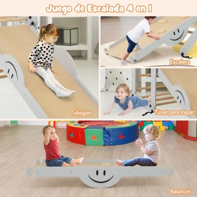 Conjunto de Escalada Montessori de Madeira para crianças Dobrável com Rampa Ajustável Reversível Cinzento