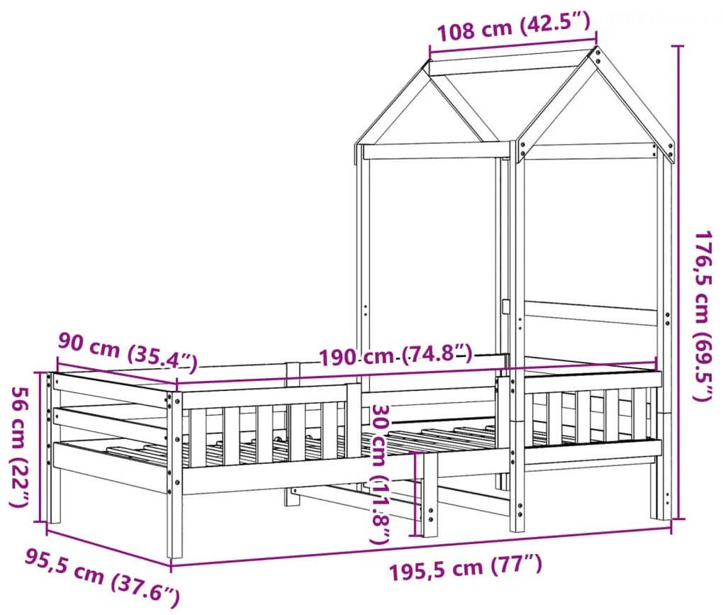 Estrutura de cama c/ telhado 90x190cm pinho maciço castanho-mel