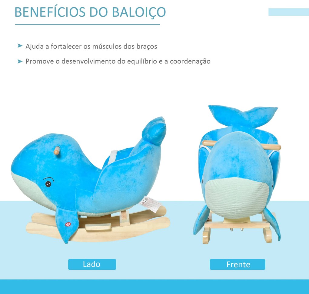 Baloiço com Forma de Baleia para Crianças de 18-36 Meses Baloiço de Pelúcia com Sons Cinto de Segurança e Apoio para os Pés 60x33x50 cm Azul