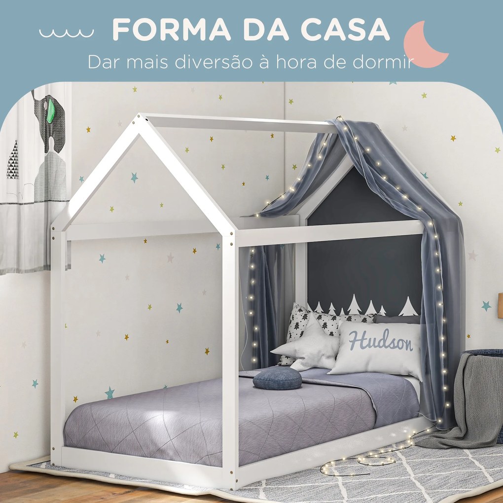 Cama Crianças 90x190 cm Somier de Madeira em Forma de Casa Carga 120 kg para Quarto Branco