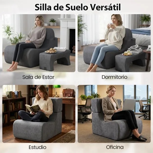 Cadeira de chão para adultos (MESA NÃO INCLUIDA) com apoio de cabeça removível Capa de veludo lavável e enchimento de espuma elástica Cinzenta