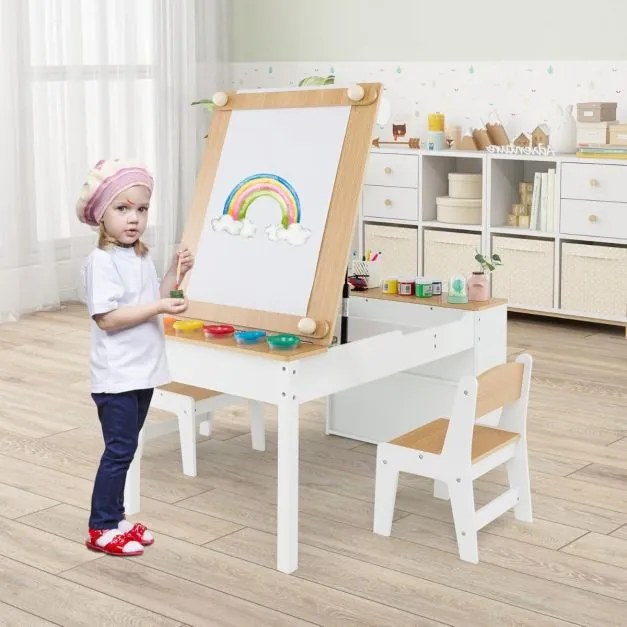 Conjunto de mesa e 2 cadeiras com cavalete para desenho, com copos para tinta e rolo de papel natural