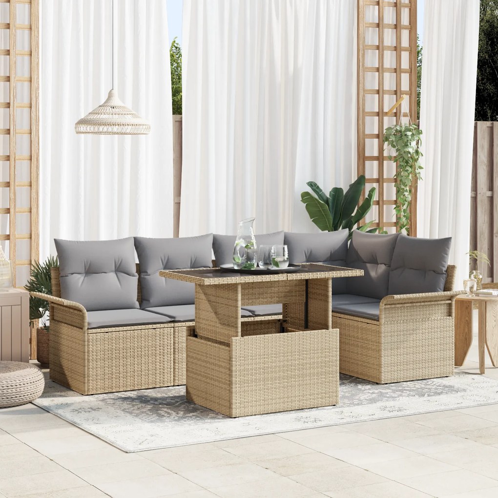 vidaXL Conjunto de Sofá de 6 Peças com Almofadas Bege de Rattan de Polietileno