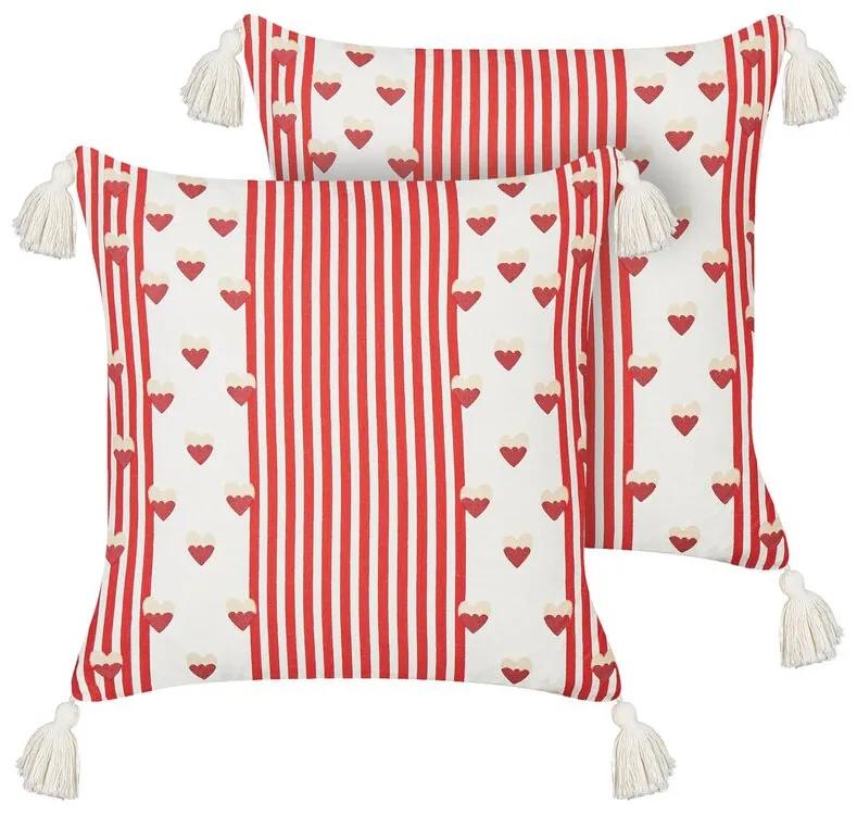Conjunto 2 almofadas decorativas padrão corações algodão vermelho e branco 45 x 45 cm BANKSIA Beliani