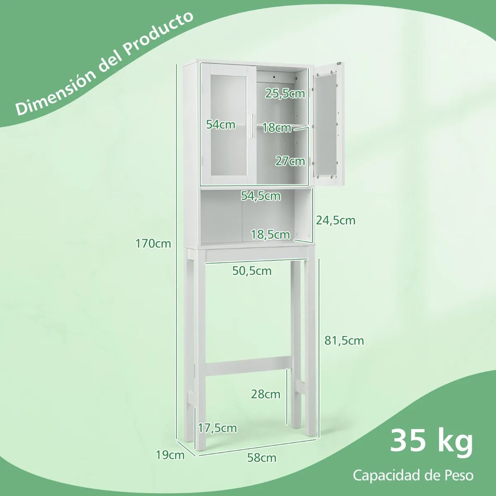 Armario para casa de banho sobre a sanita com prateleiras ajustáveis 58 x 19 x 170 cm Portas de vidro fosco Branco