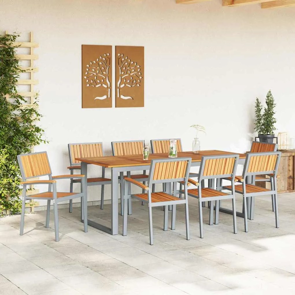 Conjunto de Jantar de Jardim de 9 Peças Cinza em Aço e Madeira de Acác