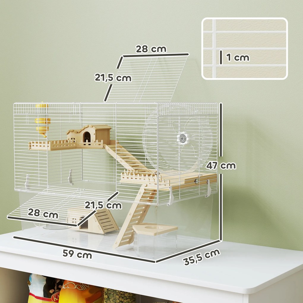 Gaiola para hamsters de 3 níveis, gaiola para roedores com roda de exercício, tabuleiro transparente e fundo, 59 x 35,5 x 47 cm, branca