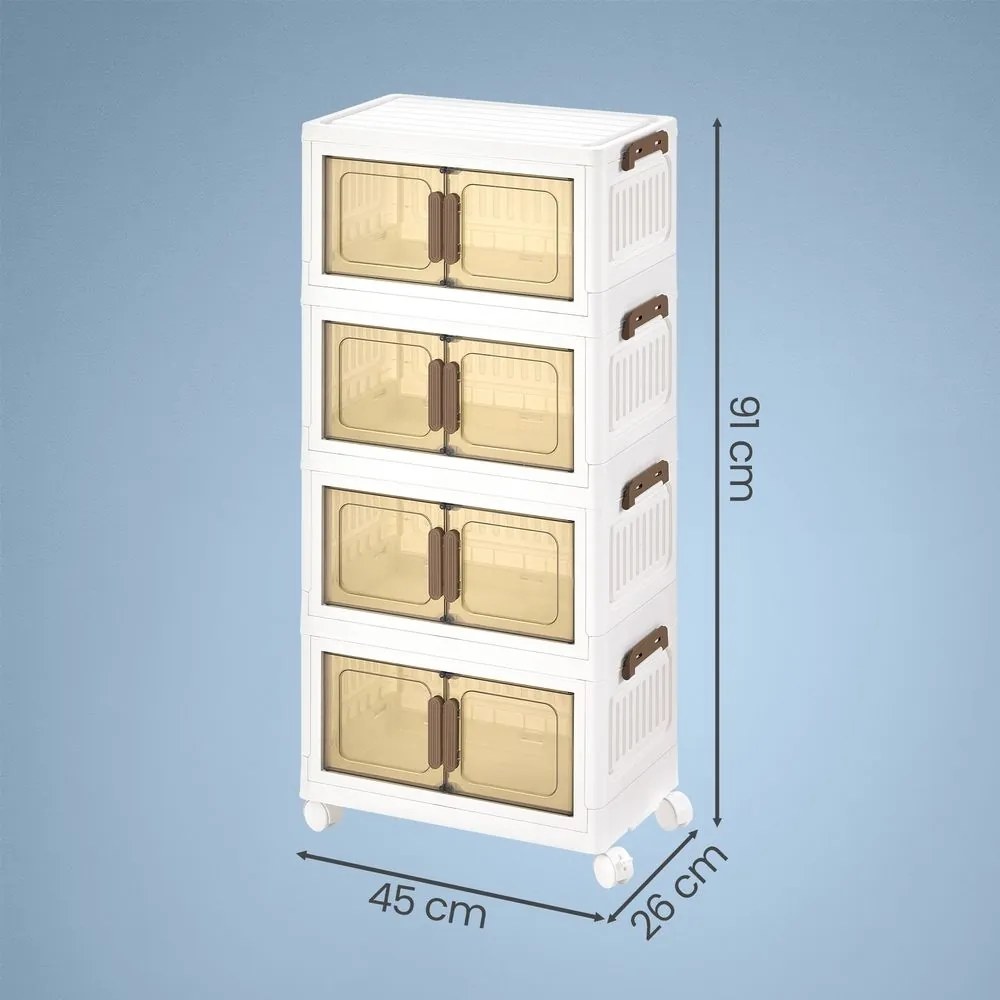 Caixas com tampa, Organizador com rodas, 4 níveis, 26 x 45 x 91 cm Branco