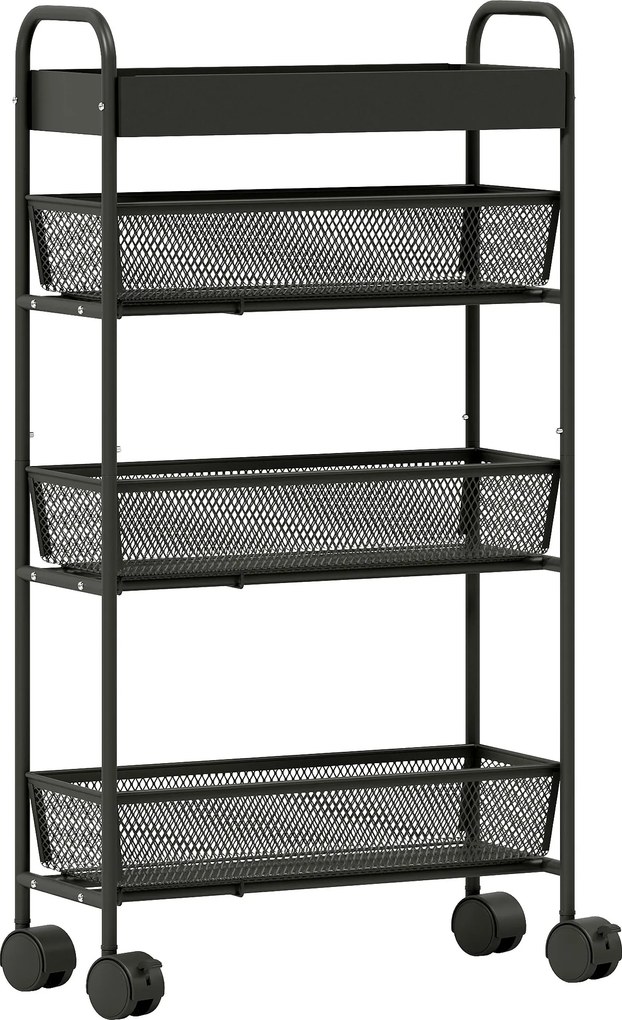 HOMCOM Carrinho de arrumação 4 níveis, carrinho com rodas, 3 cestos deslizantes, cesto superior 19 x 43,2 x 80 cm preto | Aosom Portugal