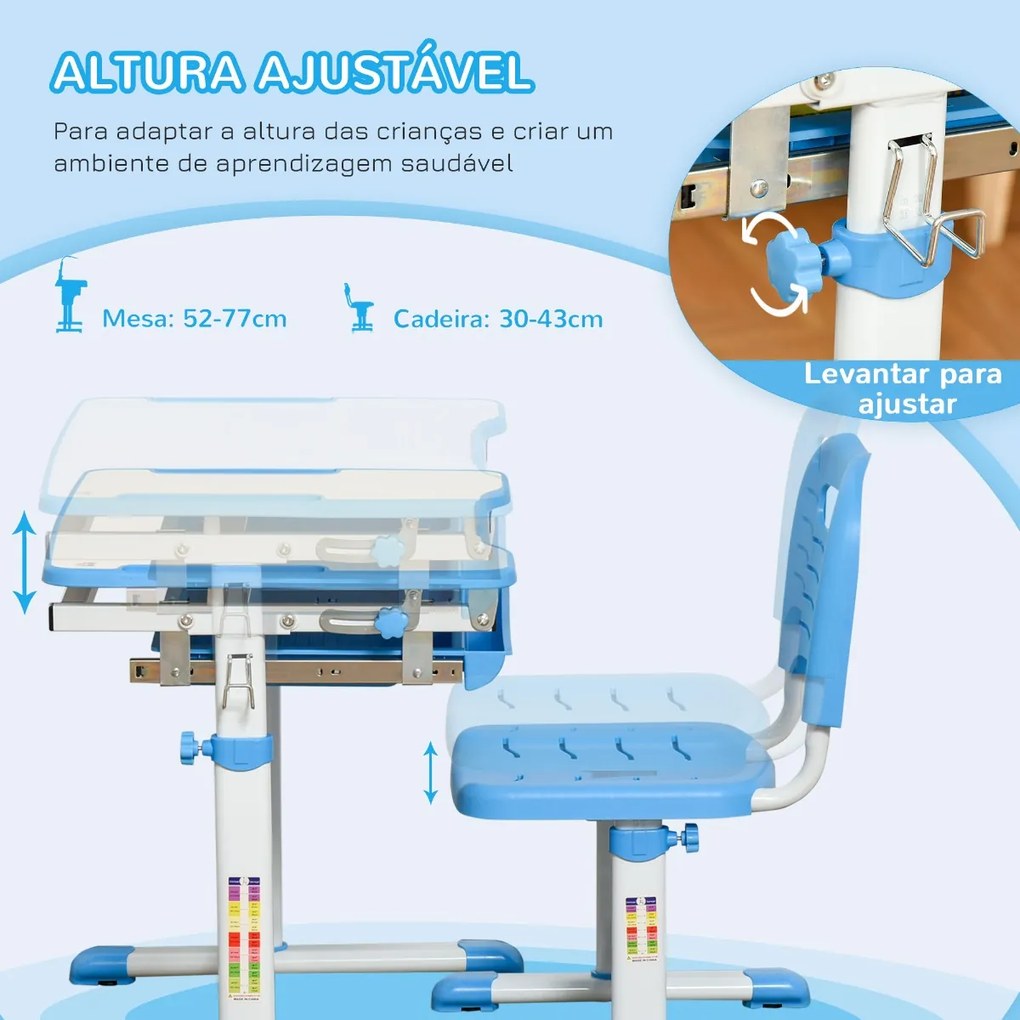 Secretária Infantil 2 em 1 Conjunto de Secretária e Cadeira para Crianças acima de 6 Anos com Altura Ajustável Mesa com Ângulos Regulável e Bandeja De