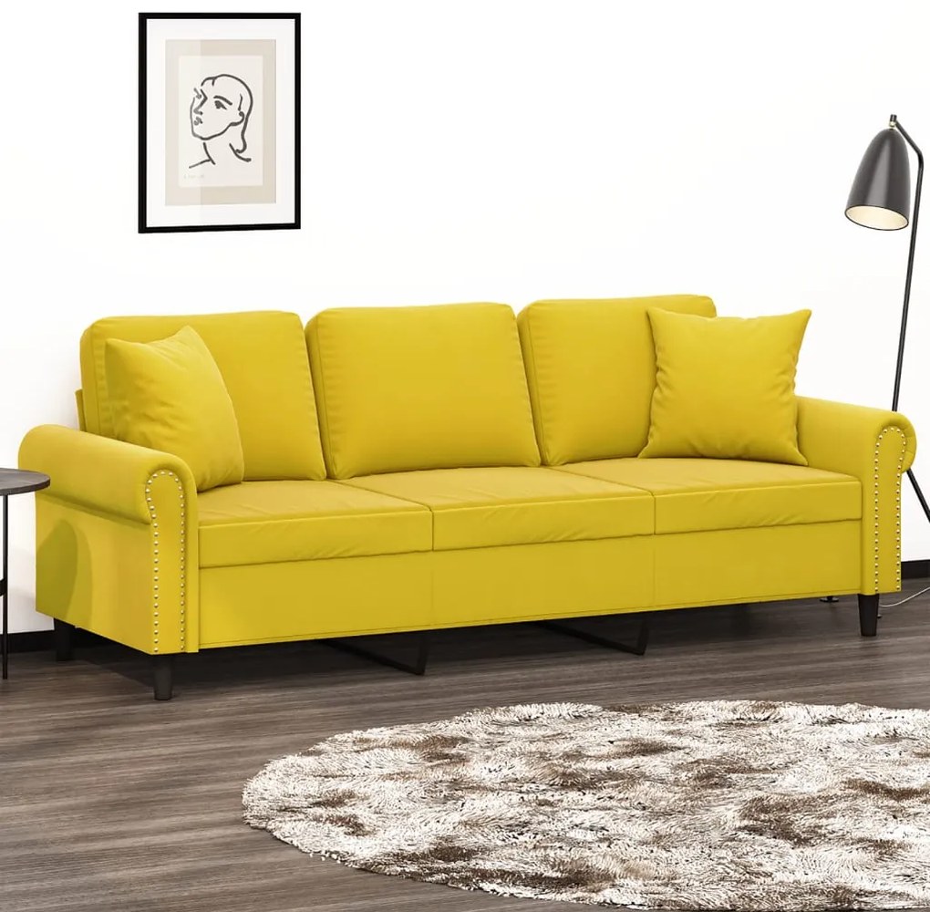 Sofá 3 lugares c/ almofadas decorativas 180 cm veludo amarelo