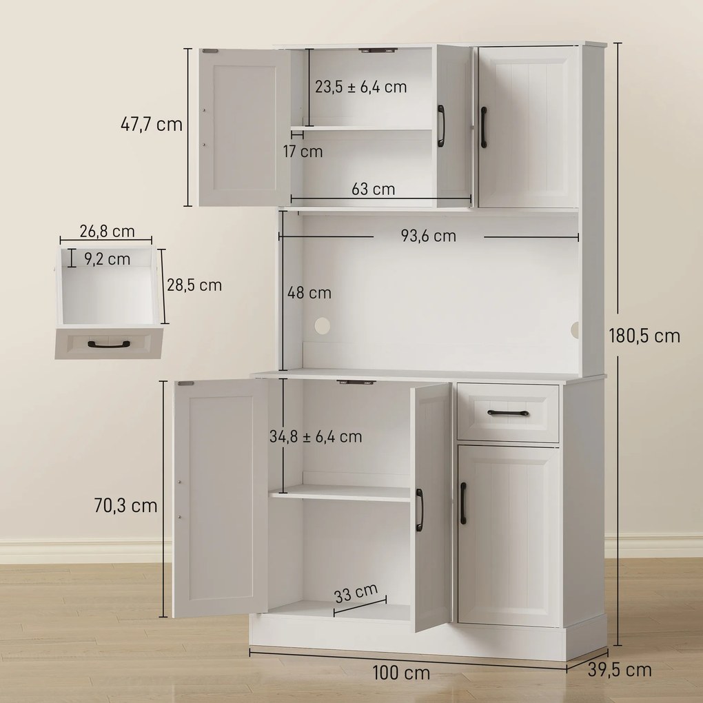 Armário Alto de Cozinha, 100 x 39,5 x 180,5 cm, Prateleiras Reguláveis, Branco