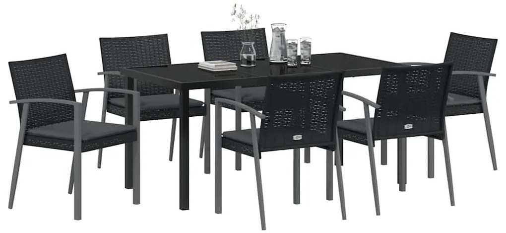 Conjunto de Jantar de Jardim com 7 Peças e Almofadas pretas em Rattan