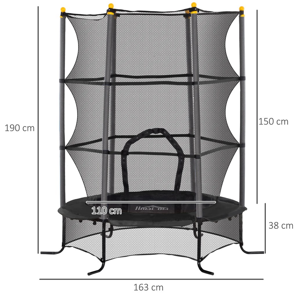 Trampolim para Crianças com Rede de Segurança e Estrutura de Aço para Interiores e Exteriores Carga 50 kg Ø163x190 cm Preto