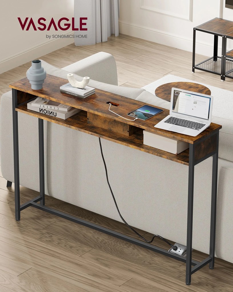 Mesa consola com 2 tomadas e 2 portas USB 25 x 120 x 81,1 cm Castanho Vintage e Preto