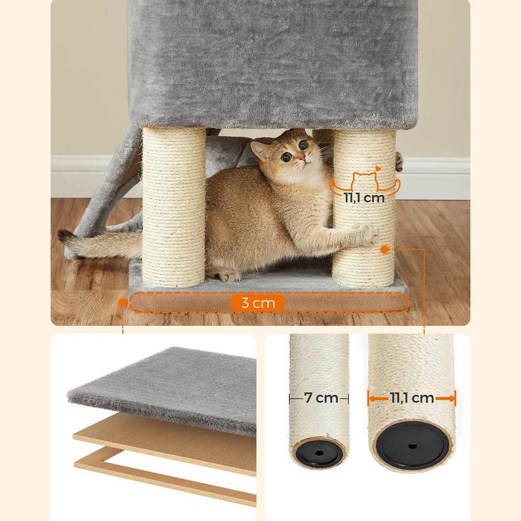 Arranhador para gatos com grutas 50 x 50 x 141 cm cinzento claro