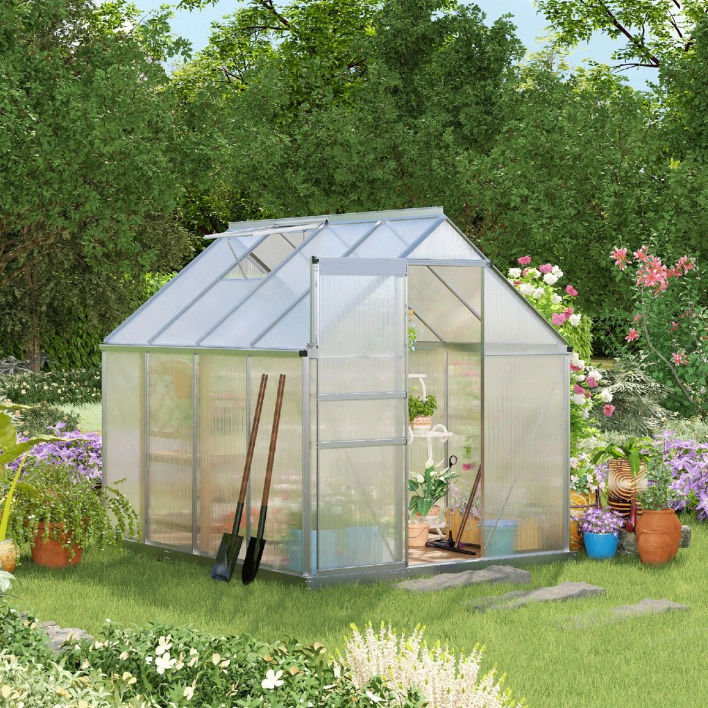Outsunny Estufa de Jardim de Policarbonato e Alumínio Estufa de Exterior com Porta Corredeira e 2 Clarobóias para Cultivo de Plantas Sementes 190x253x199cm Transparente