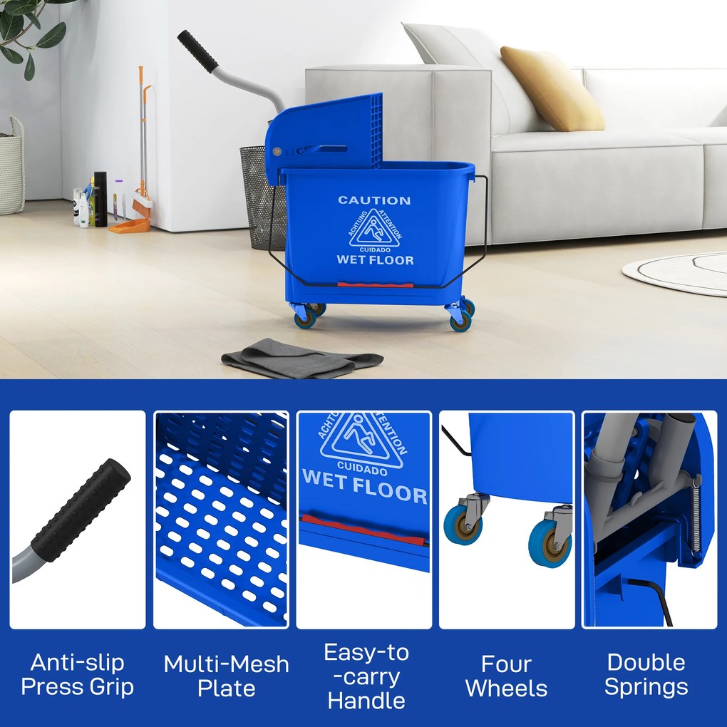 Balde de Esfregona com Rodas 20 L Balde com Escorredor e Asa de Transporte para Uso Doméstico e Comercial Azul