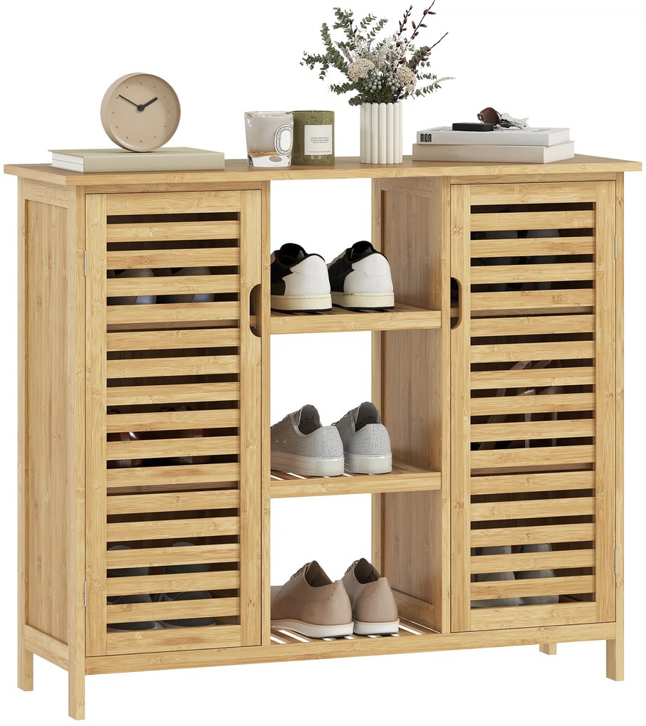Sapateira de Bambu em Ripas com Prateleiras e Compartimentos Abertos para 9 Pares de Sapatos 100x33x86 cm Madeira