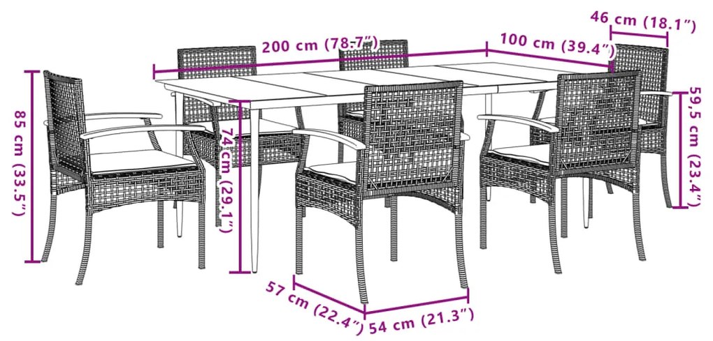7 pcs conjunto de jantar p/ jardim com almofadões vime PE bege