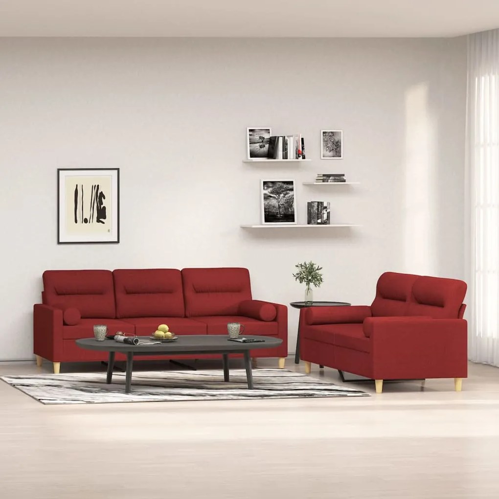 vidaXL 2 pcs conjunto de sofás c/ almofadões tecido vermelho tinto