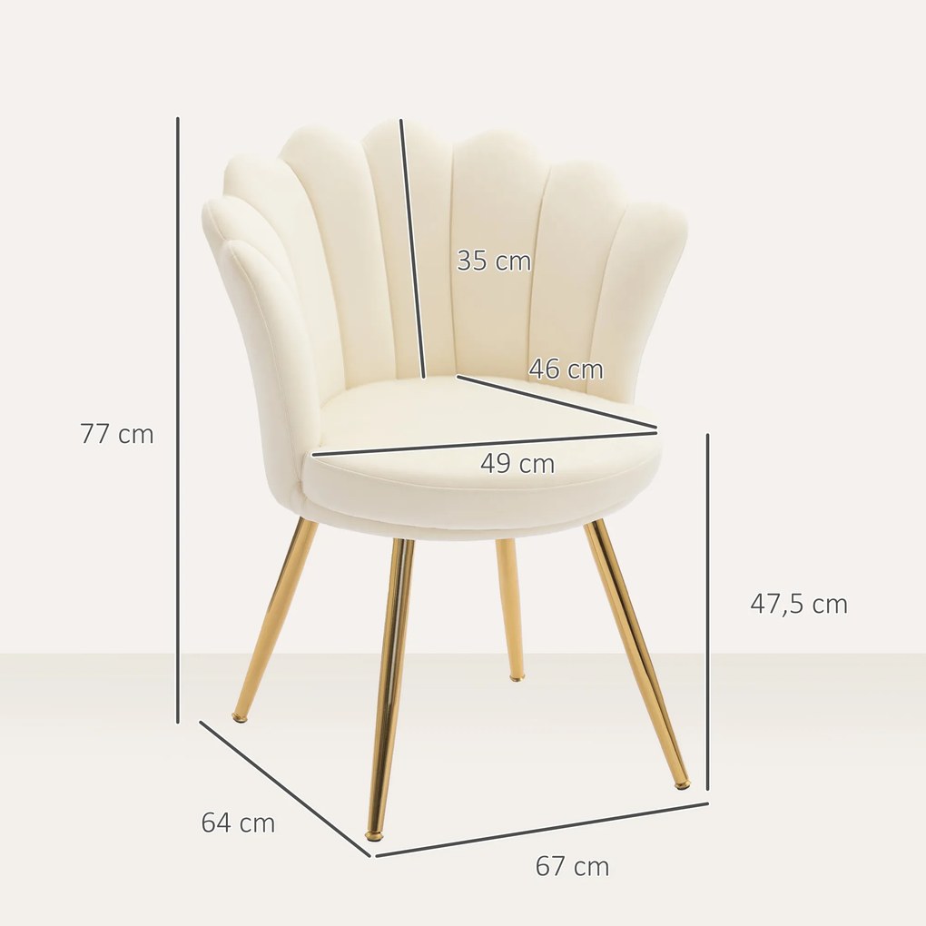Poltrona em forma de concha, cadeira de Toucador, poltrona de veludo, poltrona de sala com pés em metal dourado bege