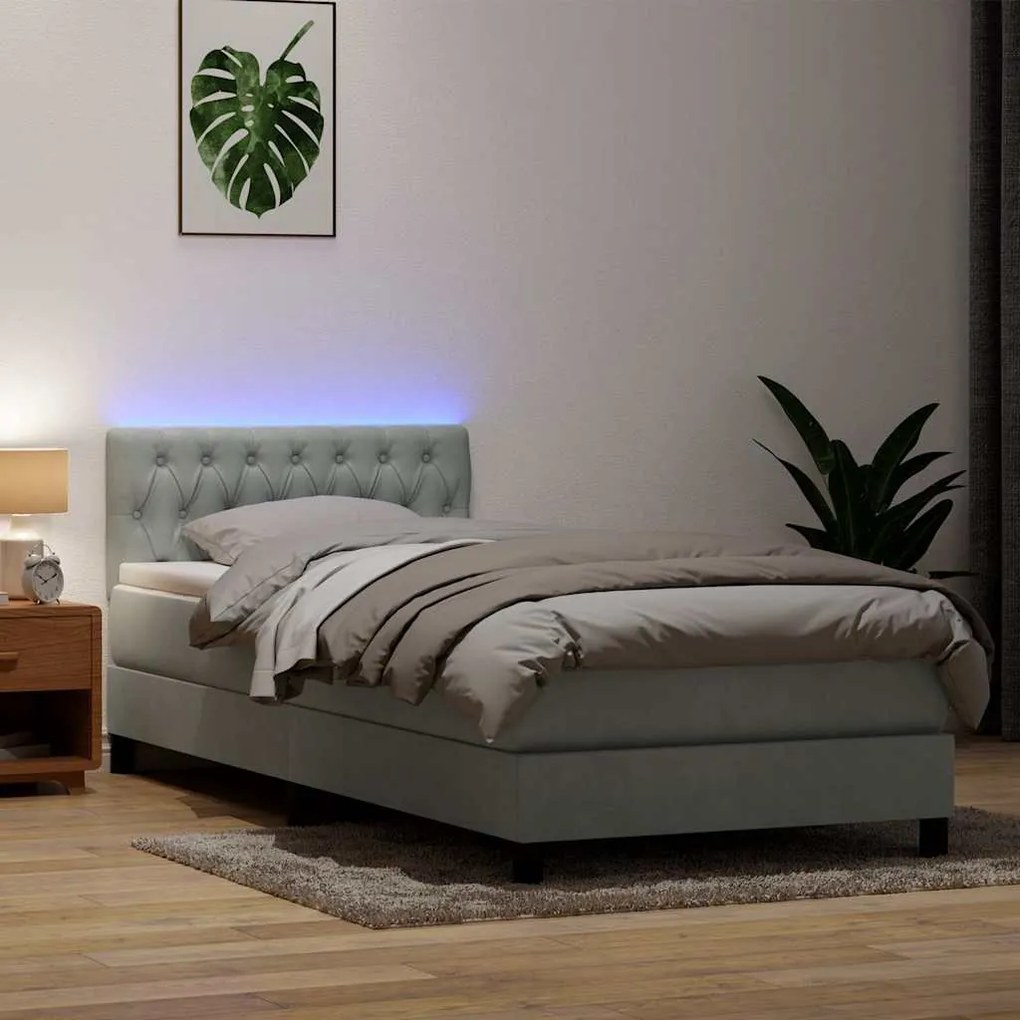 vidaXL Cama box spring c/ colchão e LED cinzento-claro 80x210 cm veludo