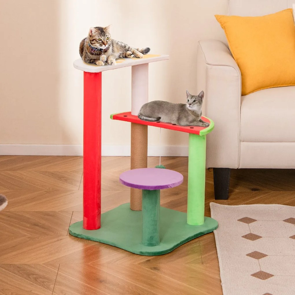 Arranhador para gatos de 69 cm Torre estética multinível de 4 níveis com plataformas desenhos de frutas com bolas penduradas Multicolorido