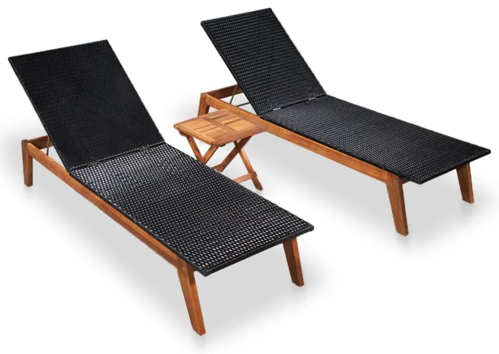 vidaXL Espreguiçadeiras com mesa 2 pcs vime PE e madeira acácia maciça