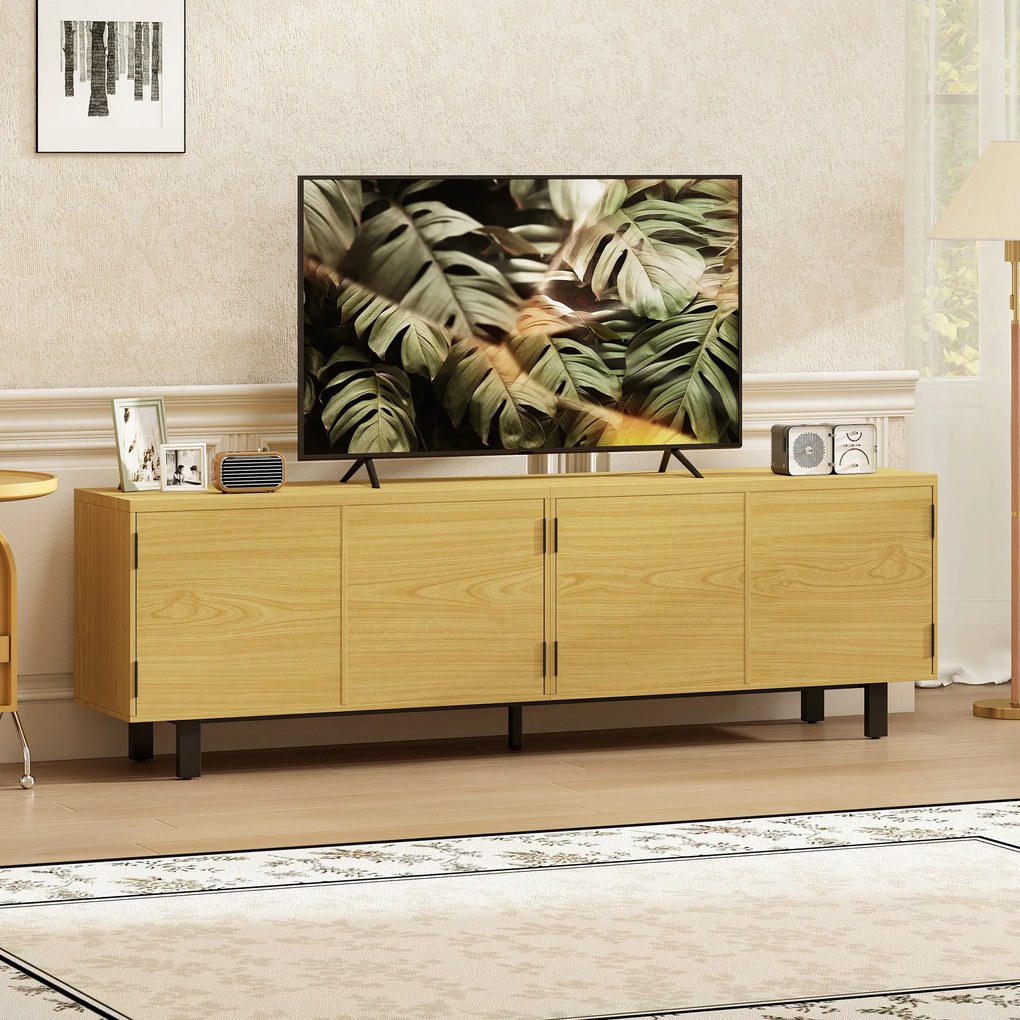 Móvel para televisão de 180 cm, móvel para televisão de 82 polegadas com 4 portas de abertura por pressão, 180 x 35 x 55,5 cm, madeira natural