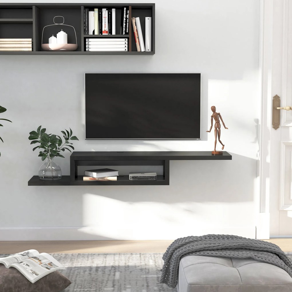 HOMCOM movel flutuante de TV para televisão de até 60 polegadas com 2 prateleiras de madeira 152,4x29,8x21 cm Preto