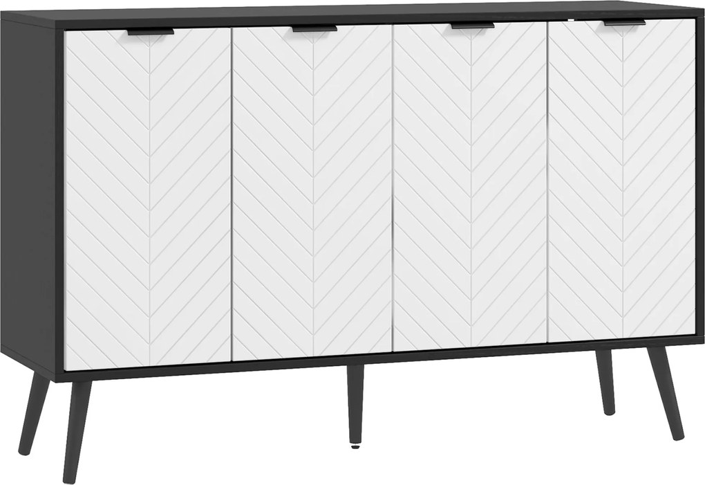 HOMCOM Aparador de 4 Portas Aparador de Sala com Prateleiras Ajustáveis e Pés de Madeira para Cozinha Branco e Preto 120x35x77,4 cm | Aosom Portugal