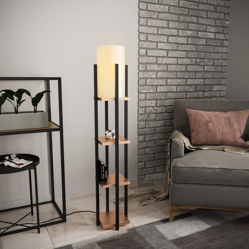 Candeeiro de Pé Shelf Lamp – Preto e Cobre – 25x25x130 cm