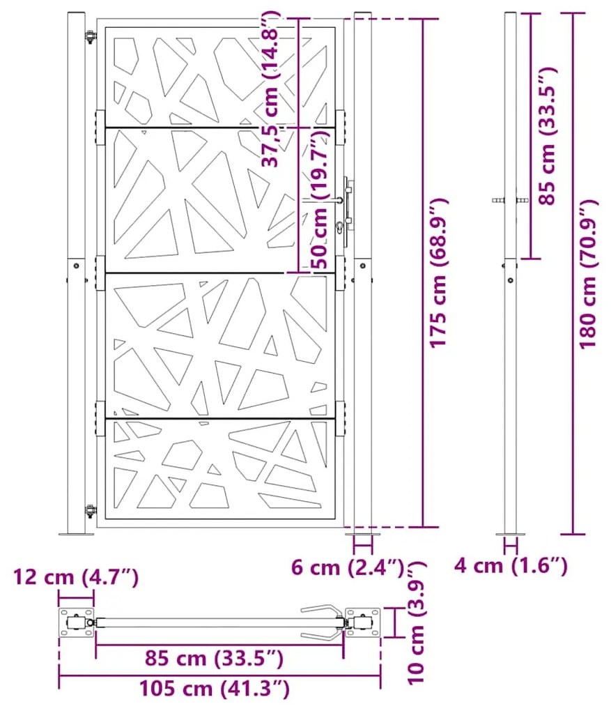 Portão de jardim 105x180 cm design de luz em aço preto