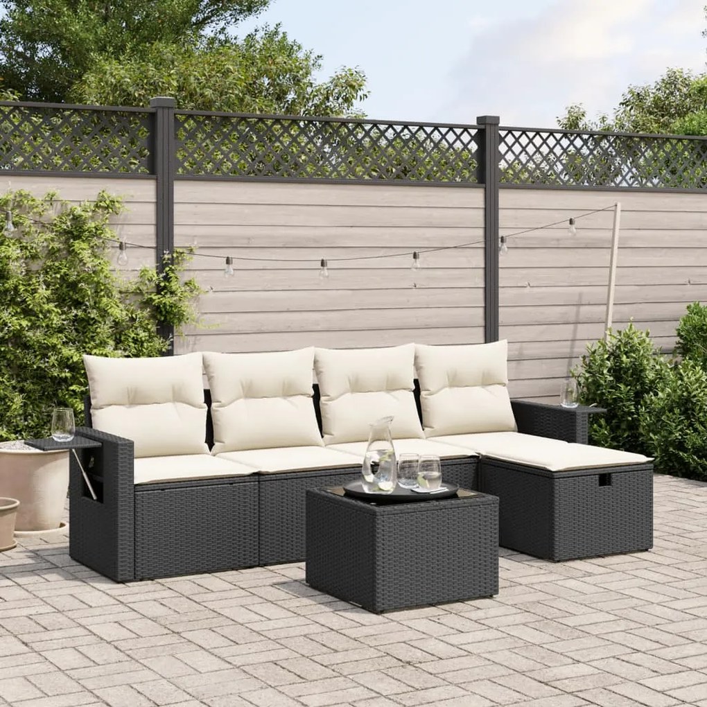 6 pcs conjunto sofás de jardim c/ almofadões vime PE preto