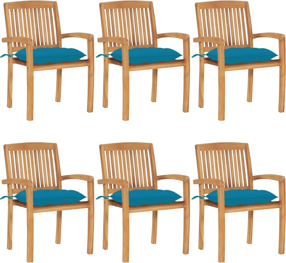 vidaXL Cadeiras de jardim empiháveis c/ almofadões 6 pcs teca maciça