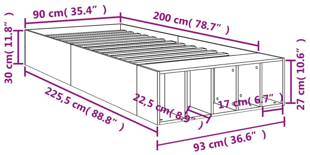 Estrutura de cama 90x200 cm derivados de madeira cinza sonoma